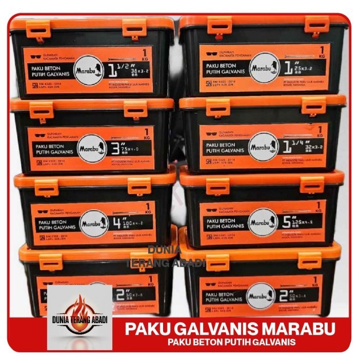 Paku Beton Putih Galvanis Marabu 1 Kg Tahan Karat dan Kuat Ukuran 1 Inch, 1 1/4 Inch, 1 1/2 Inch, 2 Inch, 3 Inch, 4 Inch, 5 Inch